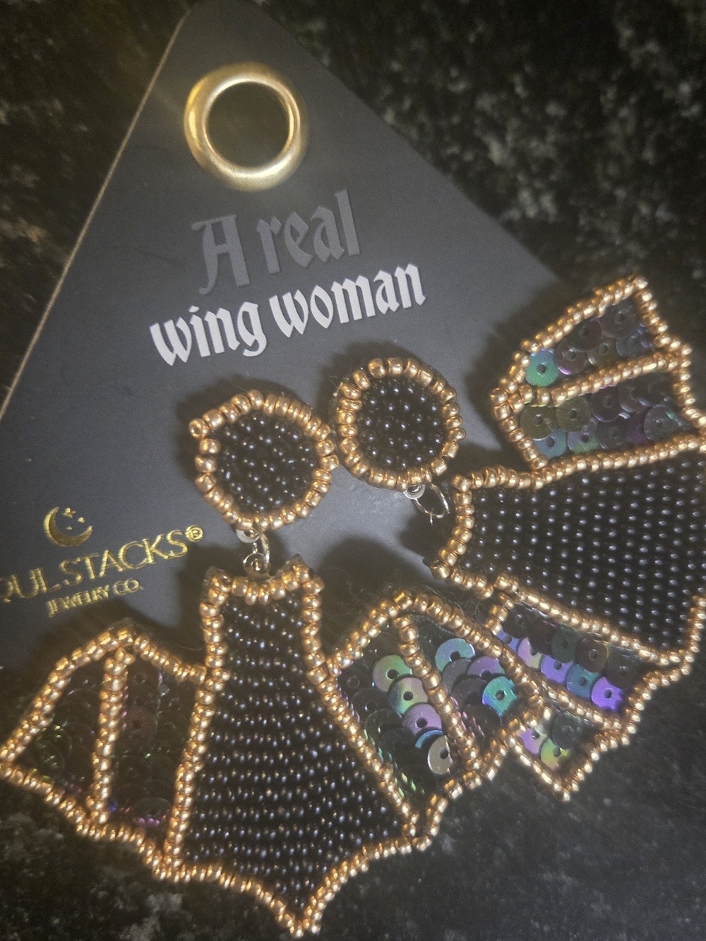 Beaded Black and Gold Fan Drop Earrings